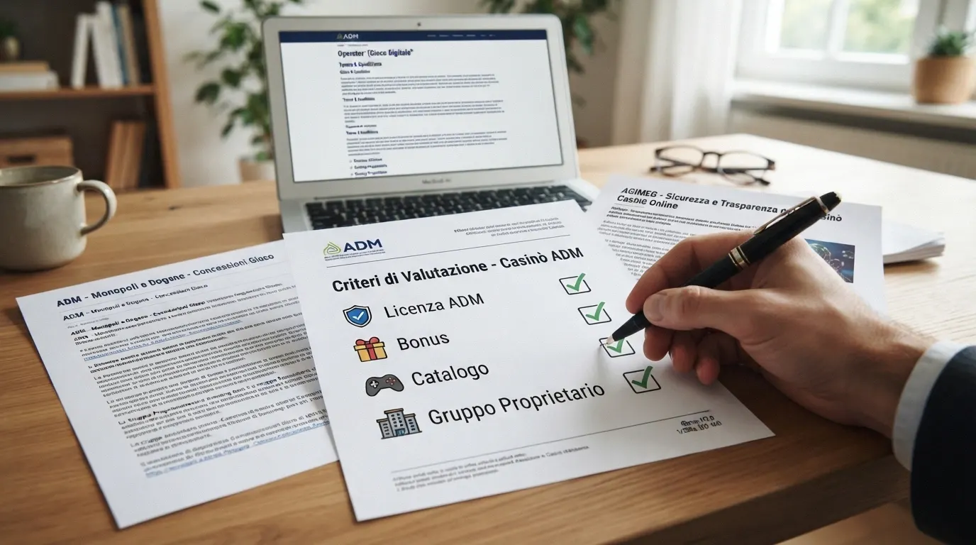 Una checklist visiva con i quattro criteri di valutazione (licenza ADM, bonus, catalogo, gruppo proprietario) affiancati ciascuno dalla fonte ufficiale corrispondente (elenco ADM, comunicati, siti operatori)